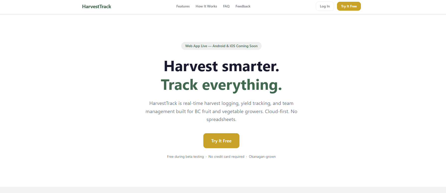 HarvestTrack app website — Okanagan BC